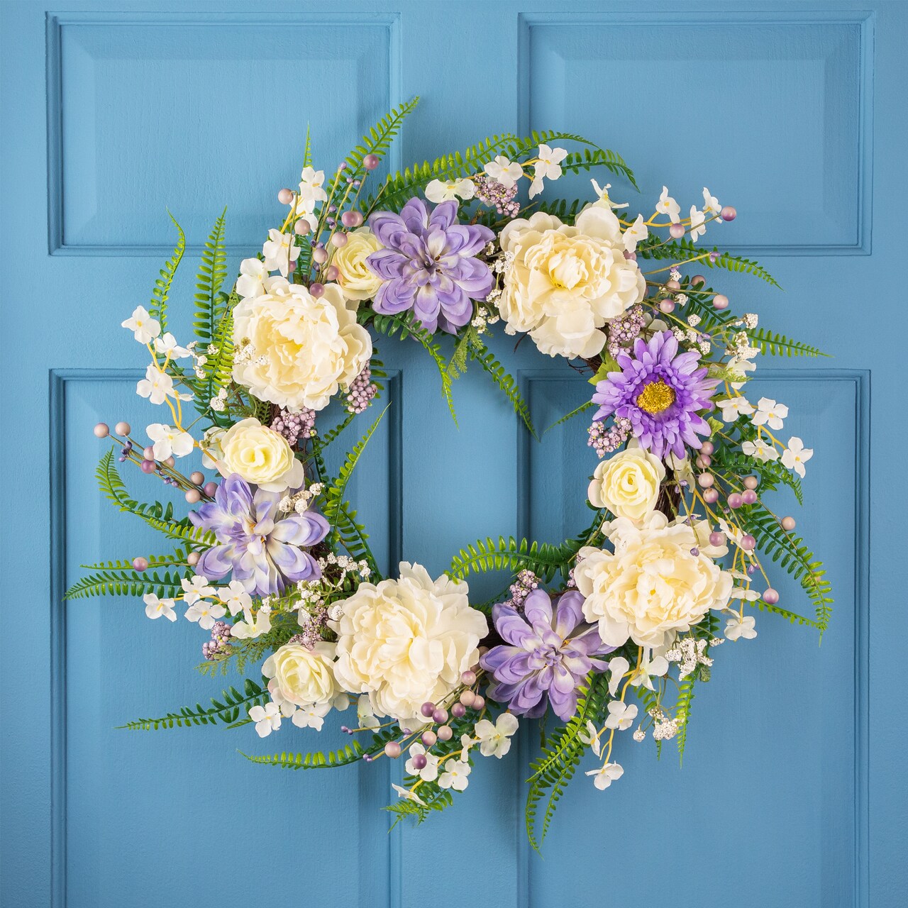 Northlight Daisy and Peony with Foliage Artificial Floral Twig Wreath - Purple - 22"